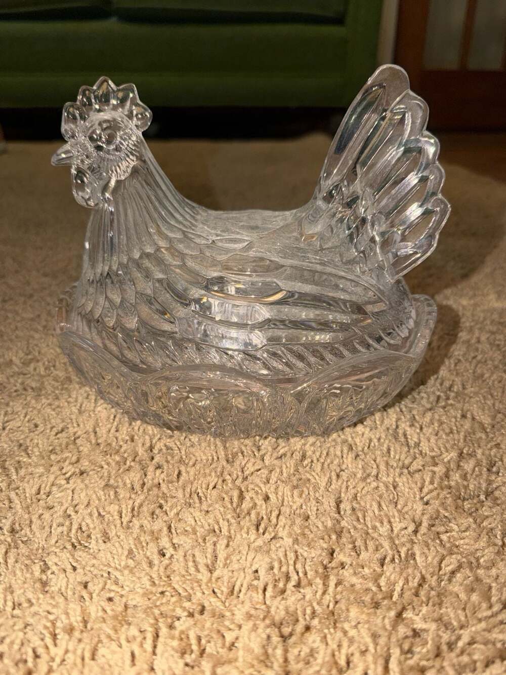 Crystal Clear Czech Republic Pressed Glass Hen on Nest Candy Dish